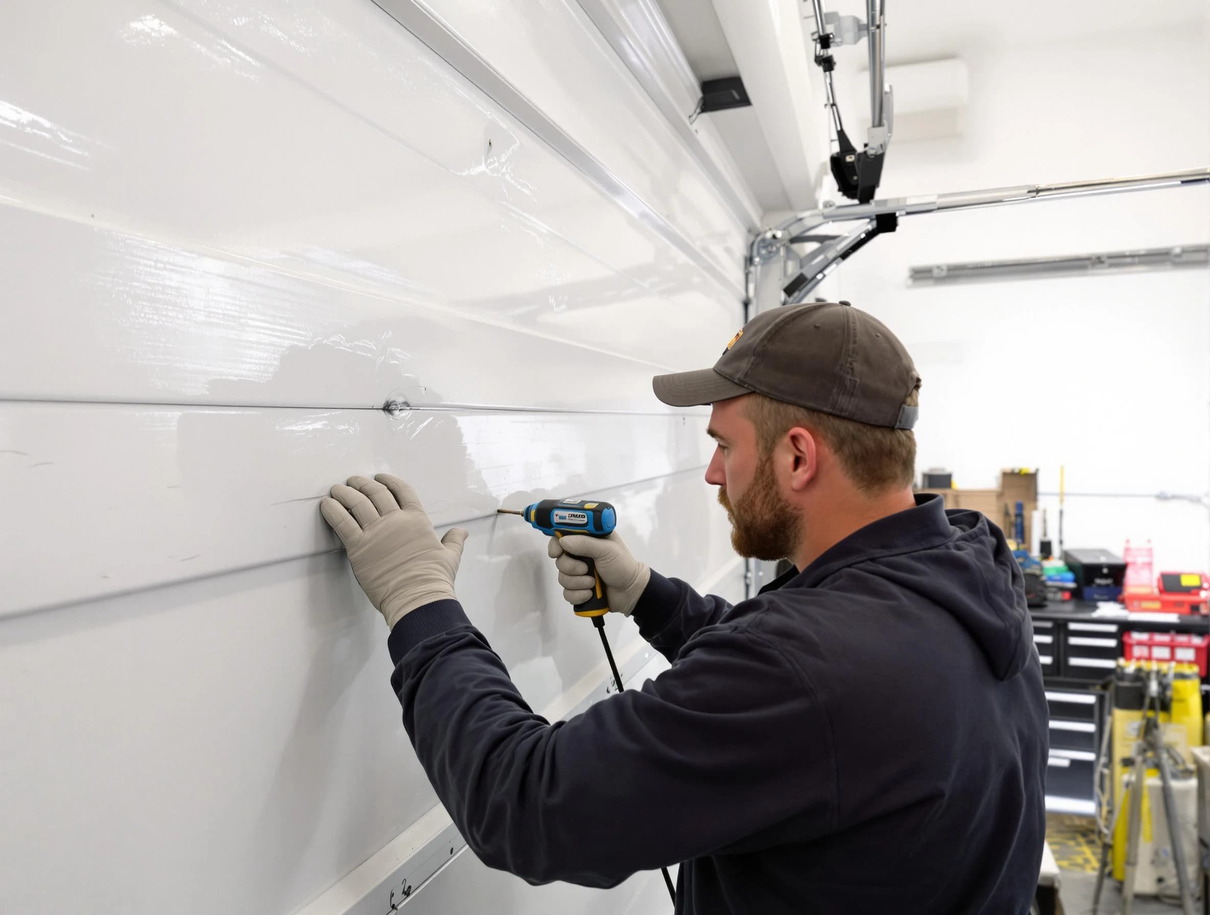 Pell City Garage Door Repair technician demonstrating precision dent removal techniques on a Pell City garage door